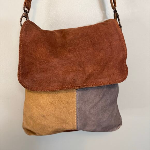 We The Free People Crossbody Shoulder Bag Suede Brown Flap 3 Tone Convertible - Picture 2 of 14